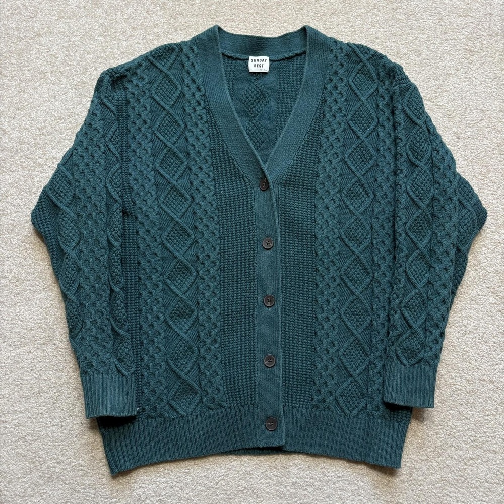Aritzia Sunday Best Cardigan Sweater Womens Small Green Cable Knit Button V Neck